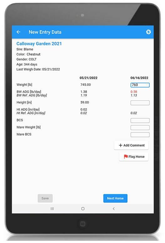 Screenshot of the new Gro-Trac mobile app new weight entry screen.