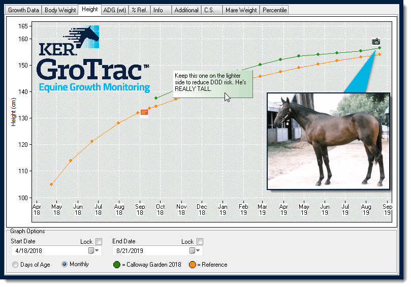 GroTrac sample graph showing a very tall horse with a high DOD risk